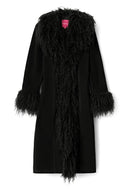 Black faux fur full-length coat with shaggy collar, front trim and cuffs, product shot, front