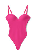 Cerise (pink) bodysuit with padded push-up cups and deep neckline, product shot, front