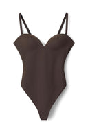 Dark brown bodysuit with padded push-up cups and deep neckline, product shot, front