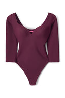 Burgundy padded bodysuit with deep neckline, 3/4 sleeves and thong cut, product shot, front