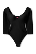 Black padded bodysuit with deep neckline, 3/4 sleeves and thong cut, product shot, front