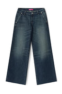 Vintage blue low-waist baggy jeans with wide legs and raw-edge hems, product shot, front