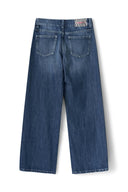 Dark blue low-waist wide-leg jeans with back pockets and zebra print waistband label, product shot, back