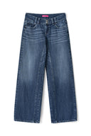 Dark blue low-waist loose-fit jeans with wide legs and double button front, product shot, front
