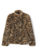 Tiger print faux fur shaped jacket with high collar and long sleeves, product shot, front