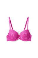 Raspberry rose (pink) lace push-up bra with satin bow and adjustable straps, product shot, front