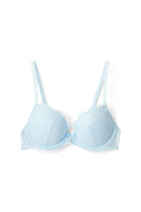 Blue lace push-up bra with satin bow and adjustable straps, product shot, front