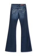 Dark blue bootcut jeans with rhinestone Miss Y logo on the back pockets and flared leg, product shot, back