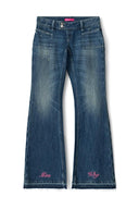 Dark vintage blue loose-fit low-waist wide-leg jeans with patch front pockets and pink hem embroidery, product shot, front