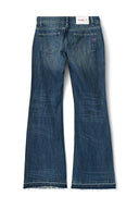 Dark vintage blue loose-fit low-waist wide-leg jeans with Miss Y label and pink logo on the back pocket, product shot, back