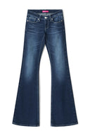 Dark blue low-waist bootcut jeans with five pockets and full-length flared legs, product shot, front