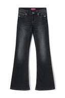Black low-waist bootcut tall jeans with five-pocket front and wide bootcut leg, product shot, front