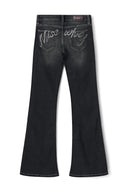 Black bootcut tall jeans with rhinestone Miss Y logo on the back pockets, product shot, back