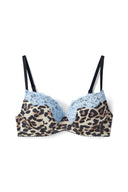 Leopard print satin push-up bra with light blue lace trim and black adjustable straps, product shot, front