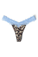 Leopard print satin thong with wide light blue lace waistband, product shot, front