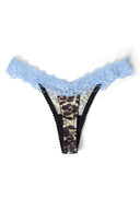 Leopard print satin thong with light blue lace waistband and narrow back, product shot, back