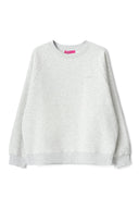 Grey melange crew neck sweater with long raglan sleeves, ribbed cuffs and small chest logo, product shot, front