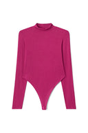 Berry boost (pink) sheer tight-fit turtleneck body with long sleeves and snap-button crotch, product shot, front