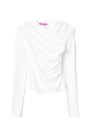Cream drapey long sleeve top with asymmetric draped neckline and ruched front, product shot, front