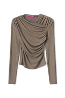 Grey drapey long sleeve top with asymmetric draped neckline and ruched front, product shot, front
