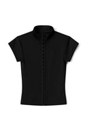 Black tight-fit keyhole top with high collar and hook-and-eye front closure, product shot, front