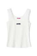 Off-white sleeveless lace singlet with lace-trimmed U-neck and Miss Y logo at the front, product shot, front