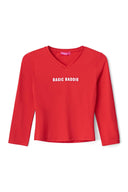 Red V-neck top with quarter sleeves and text print on the chest, product shot, front