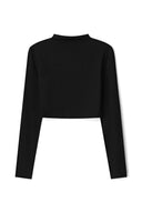 Black cropped top with funnel neck and long sleeves, product shot, front