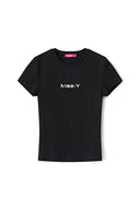 Black tight-fit baby tee with silver Miss Y logo and crew neck, product shot, front