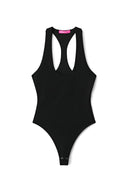 Black ribbed tight-fit U-neck body with racer back and snap-button crotch, product shot, front