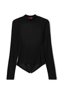 Black tight-fit turtleneck top with long sleeves, product shot, front