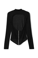 Black turtleneck top with open back and button closure, product shot, back
