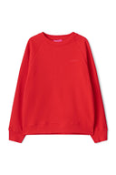 Red crew neck sweater with raglan sleeves and tonal Miss Y logo on the chest, product shot, front