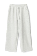 Grey melange sweatpants with drawstring, side pockets and baggy leg, product shot, front