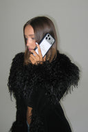 Black faux fur coat, close-up of shaggy collar and long front trim